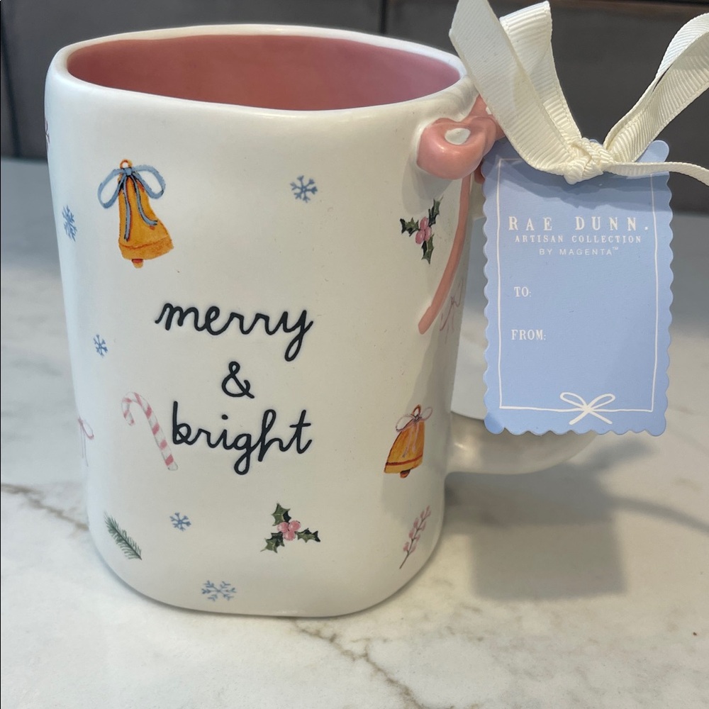 Rae Dunn Holiday Merry & Bright Mug with Pink Bow & Interior 💕 NEW